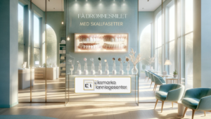 En moderne tannlegekontor med veggskilt: "Få drømmesmilet med skallfasetter" og logoen til Eiksmarka Tannlegesenter.
