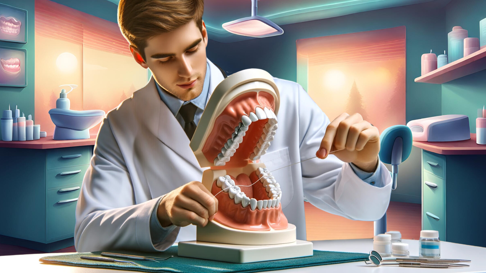 Tannlege viser tanntrådbruk på modell i soloppgangsbelysning