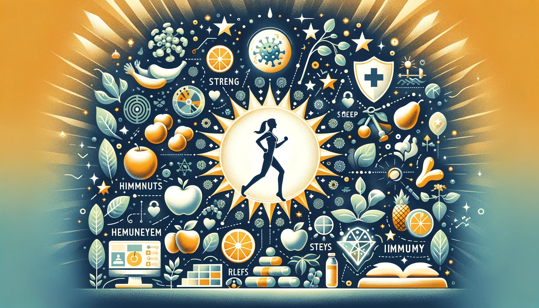 Symboler for sunn livsstil som styrker immunforsvaret mot herpes: frukt, trening, søvn og stressmestring