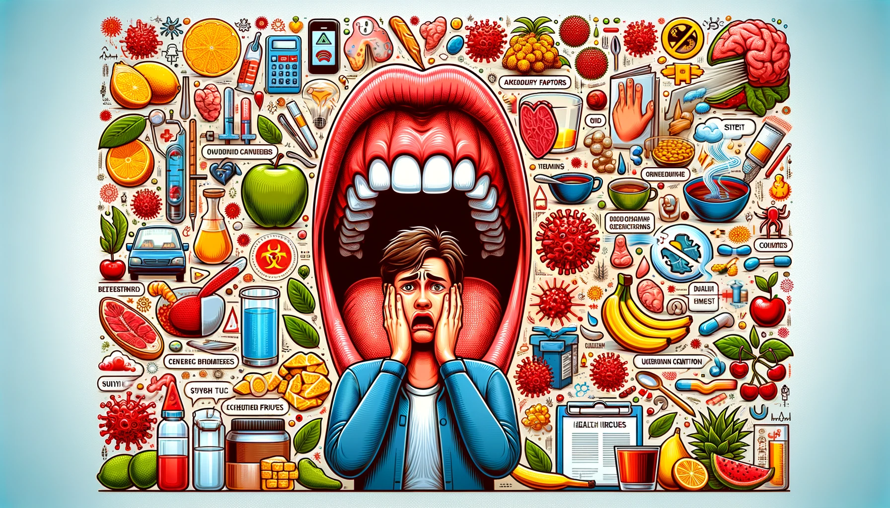 Bred illustrasjon som viser ulike årsaker til blemmer i munnhulen, inkludert stress og kosthold
