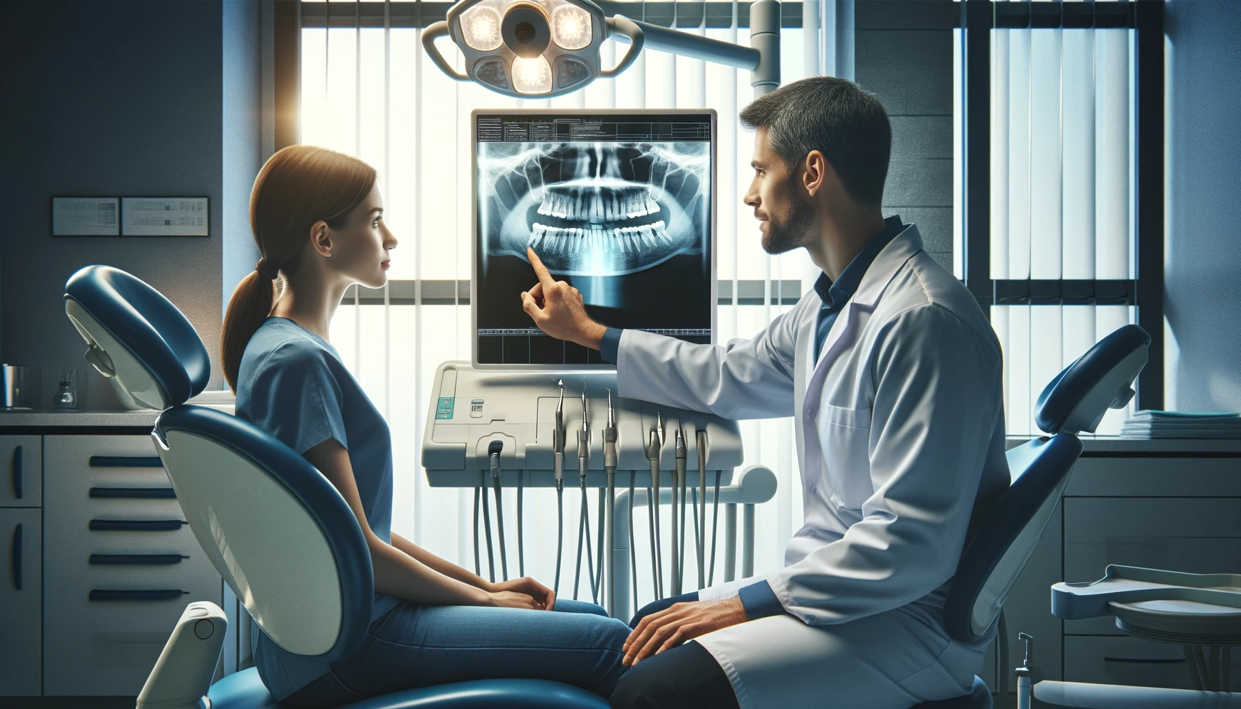 Tannlege viser pasient en røntgen av tenner i kontor