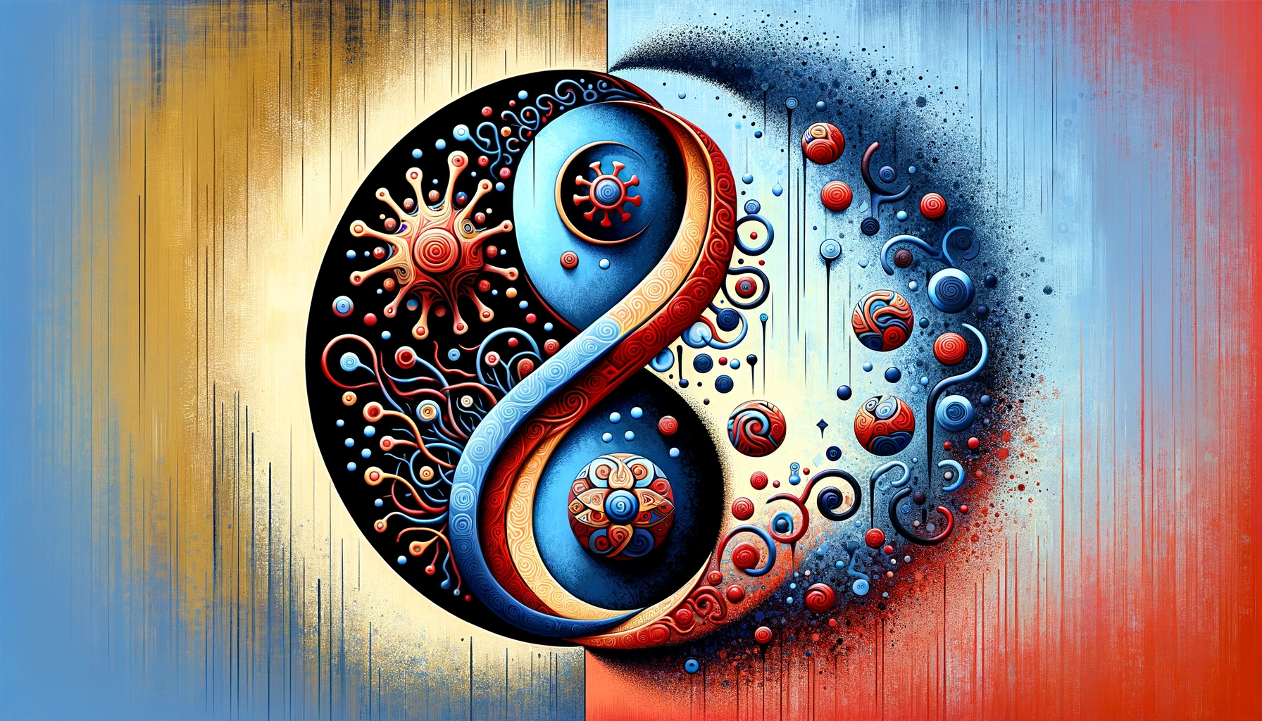 Abstrakt kunst symboliserer HSV-1 og HSV-2 med balanserte mønstre og kontrasterende farger