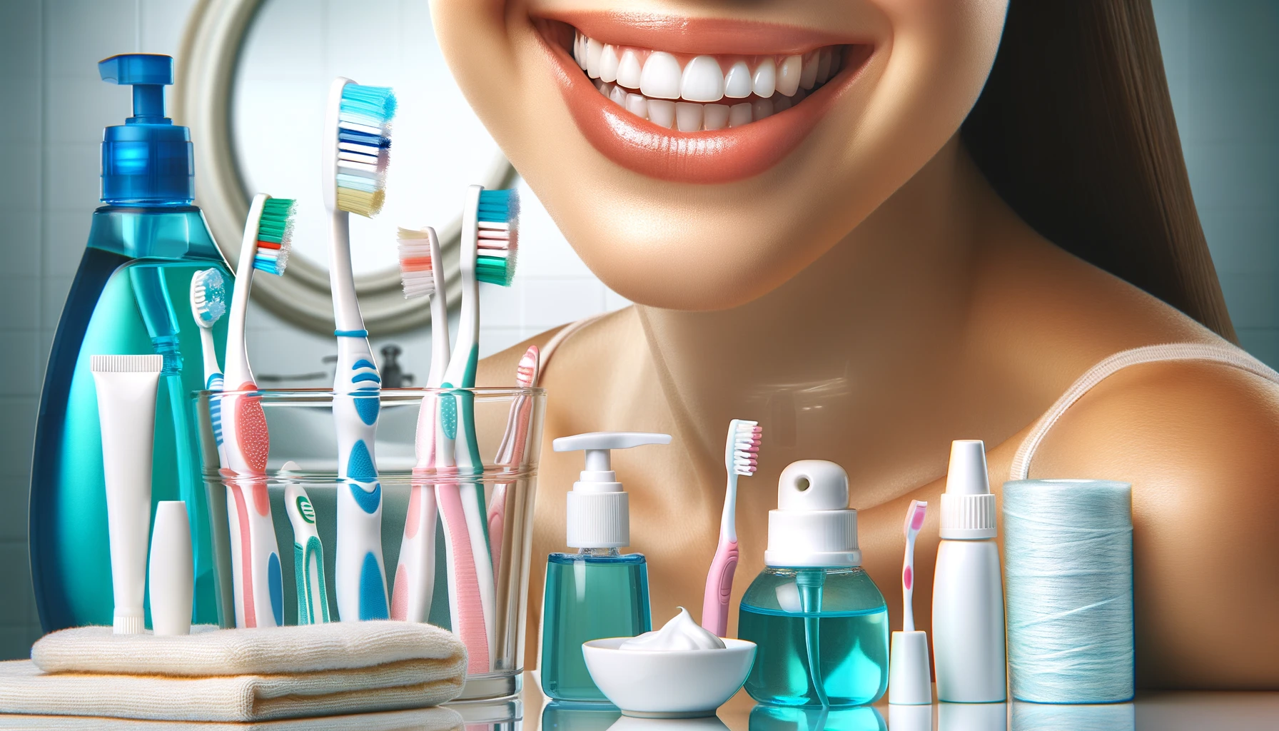 Fremheving av viktigheten av god munnhygiene med smil og rengjøringsprodukter