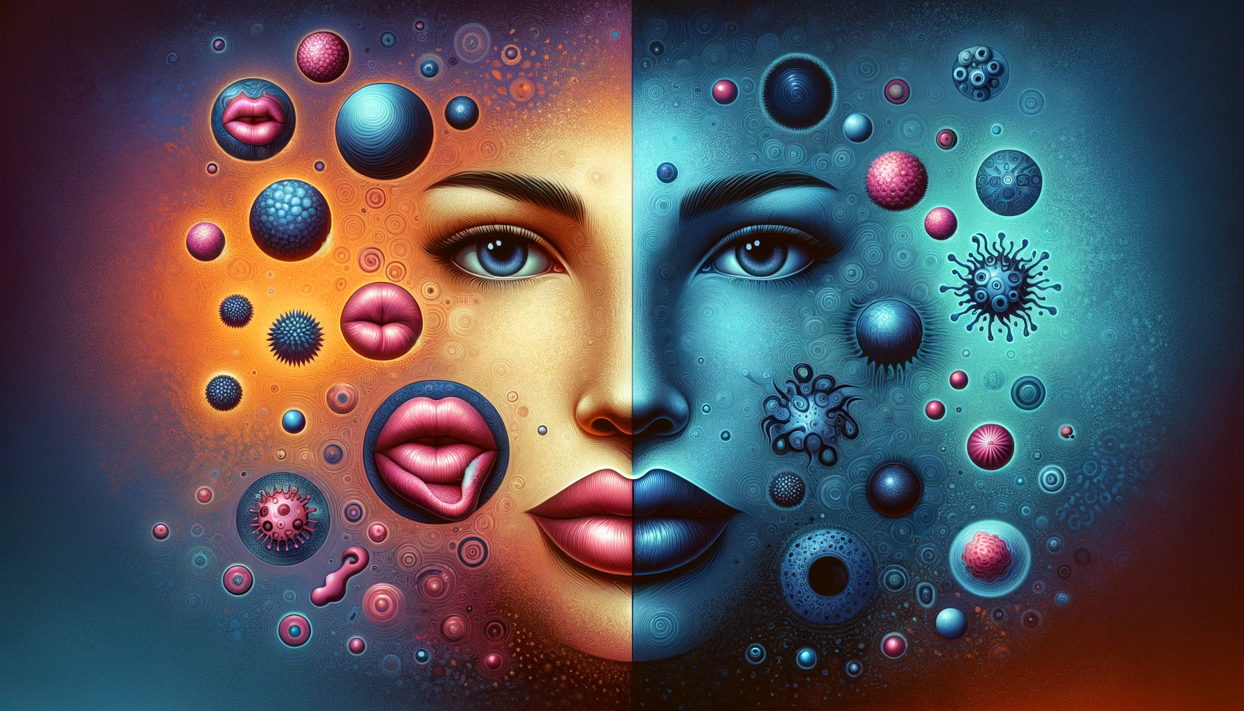 Kunstnerisk framstilling av herpes,  HSV-1 og HSV-2, delt i to, med abstrakte symboler og farger som skiller dem