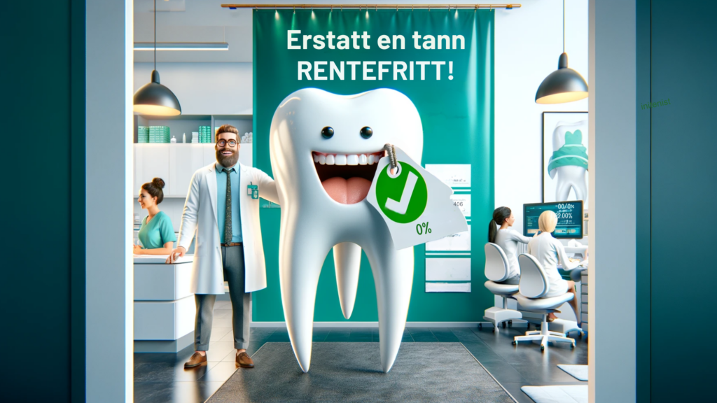Glisende tannlege viser en stor tann med '0%' skilt, under banneret 'Erstatt en tann rentefritt!
