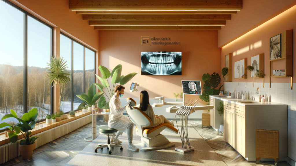 Moderne tannlegekontor med utsikt over norsk natur, og tannlege som undersøker muligheten for tannimplantat