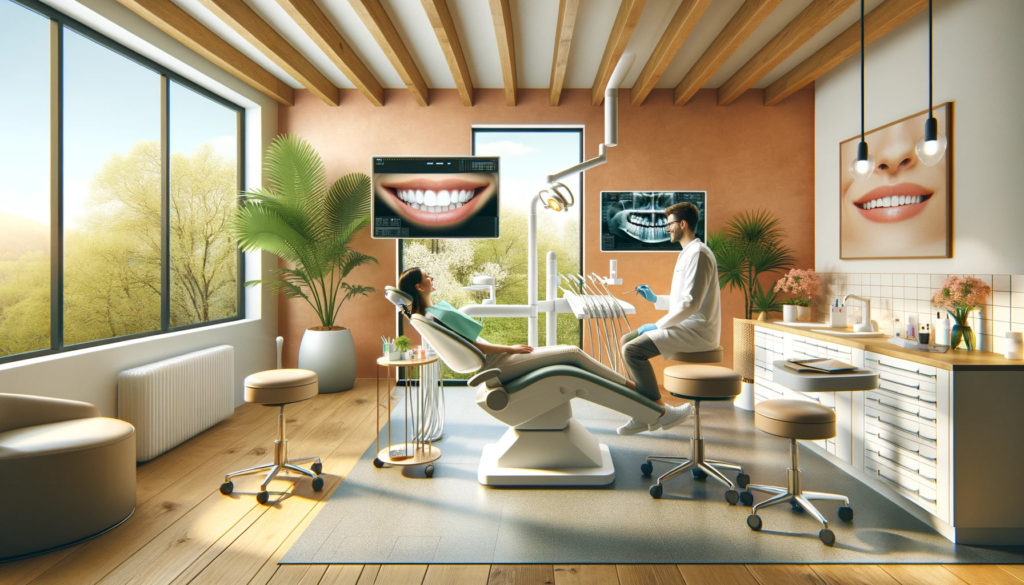 Lyst tannlegekontor, pasient i stol og skjermer som viser smil og røntgen