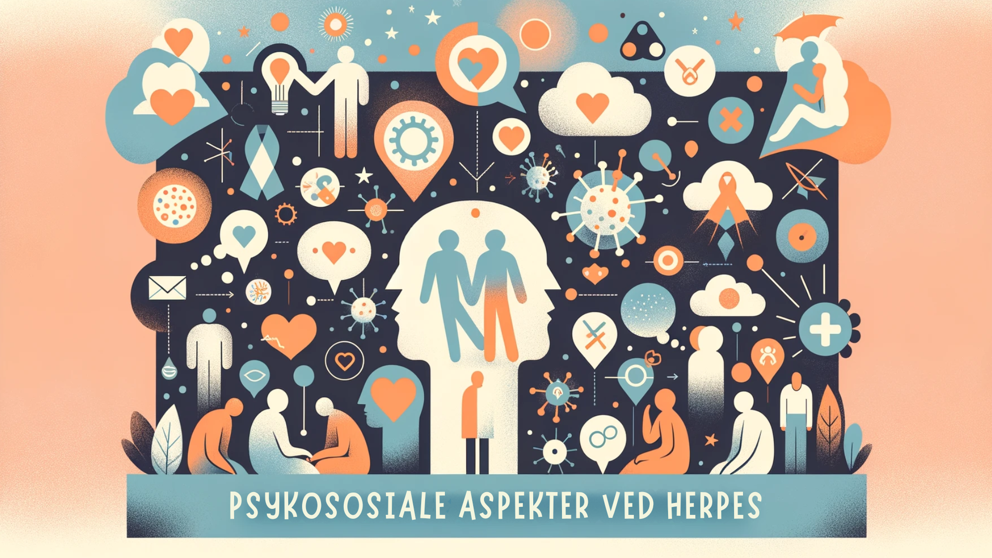 Abstrakt bilde som skildrer psykososiale aspekter ved herpes, med ikoner for støtte og stigma