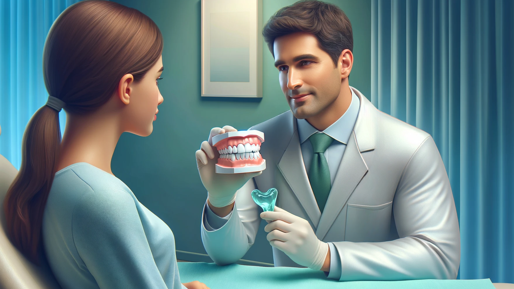 Bilde av tannlege som forklarer fordeler med bittskinne til pasient bekymret for tanngnissing