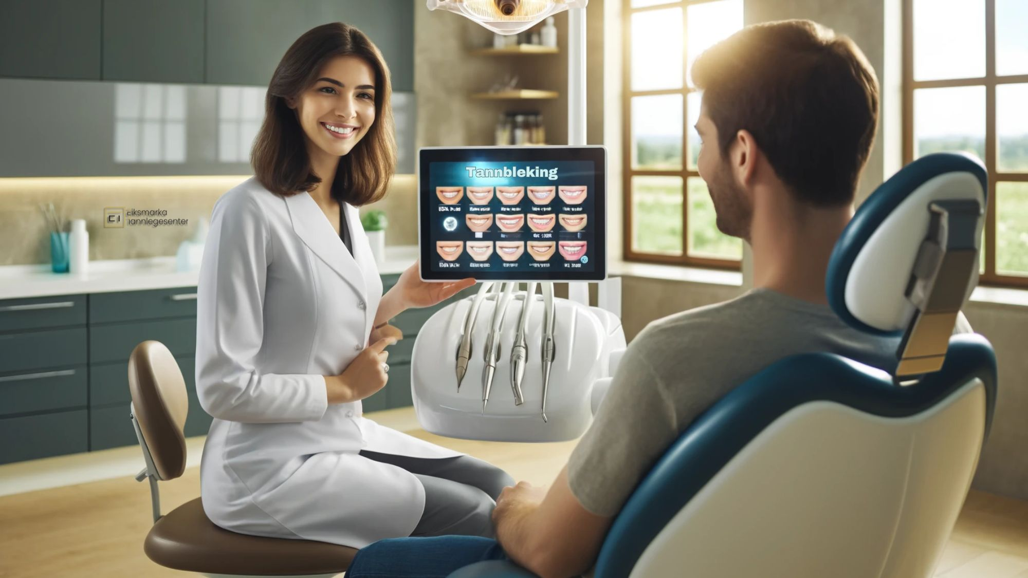 Moderne tannklinikk med tannlege som viser tannblekingsalternativer til smilende pasient.