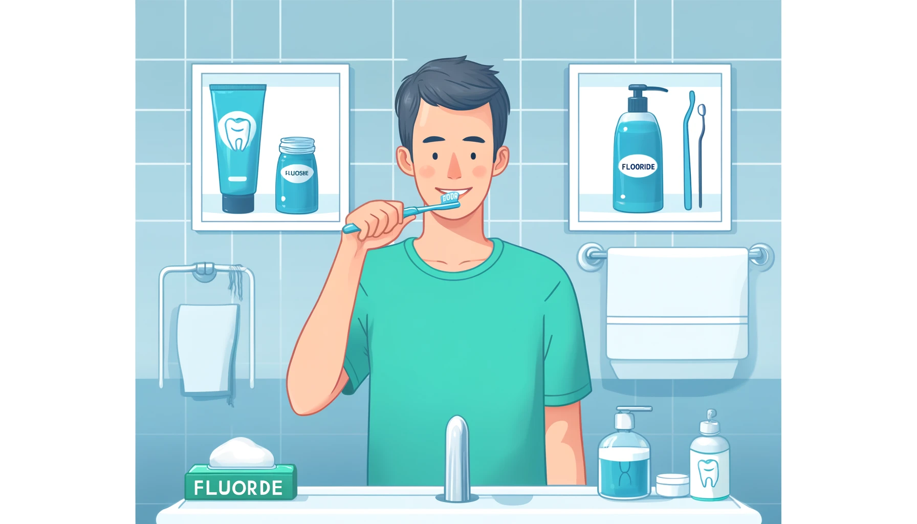 Illustrasjon som viser bruk av fluoridprodukter for tannhelse, inkludert tannpasta, munnvann og tanntråd årsaker til ising