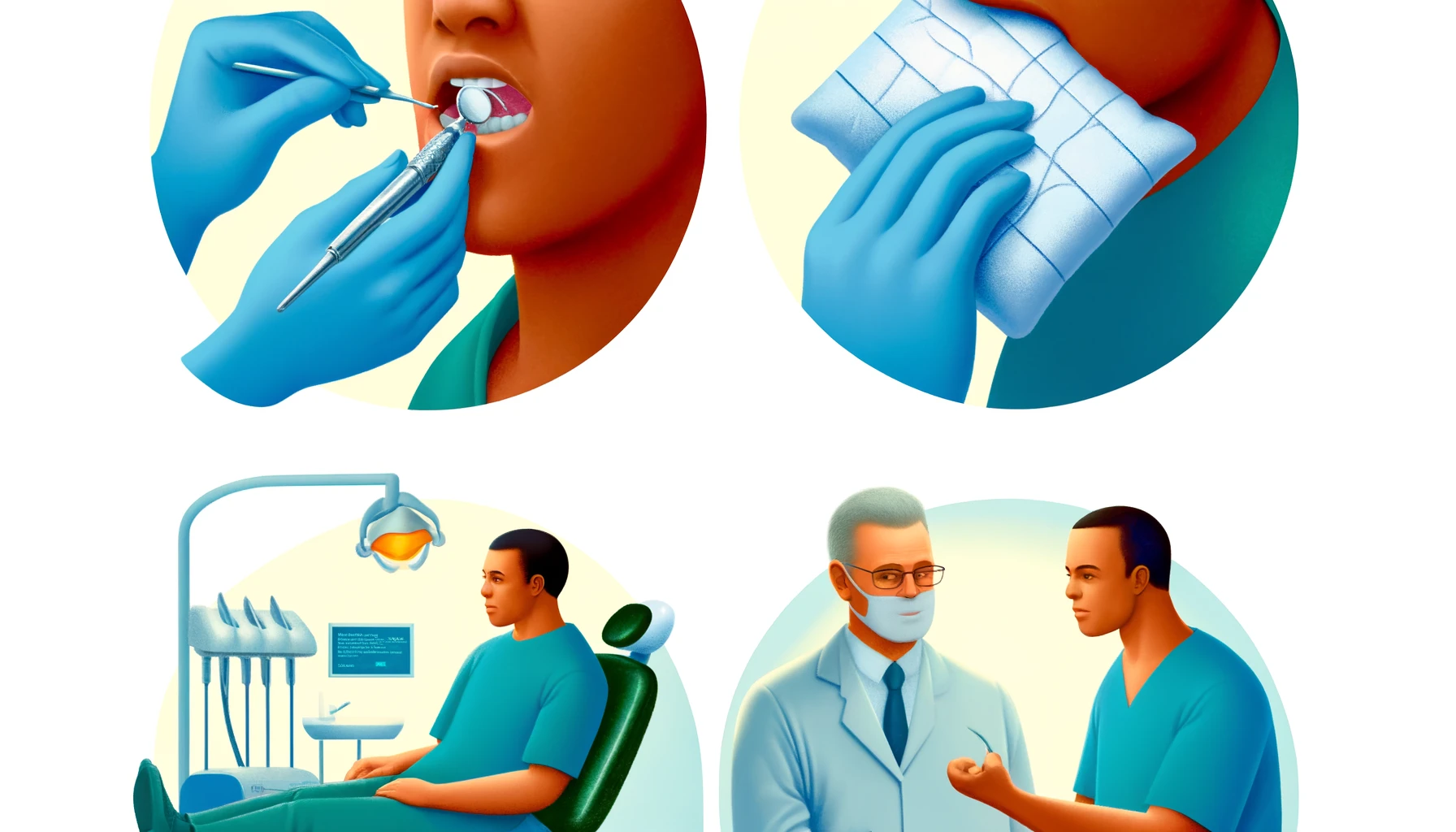 Illustrasjon av smertelindringsteknikker i tannbehandling, inkluderer nummende gel og kalde omslag trekke