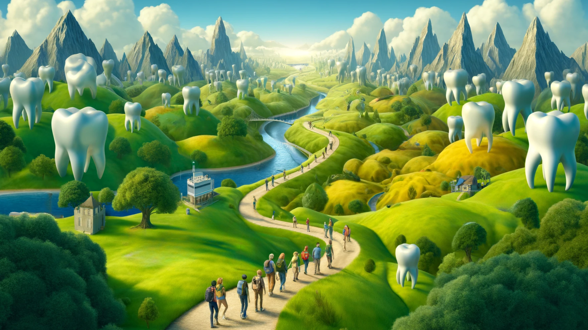 "Fantasy landscape with tooth-shaped mountains and a path leading a group through dental-themed scenery."