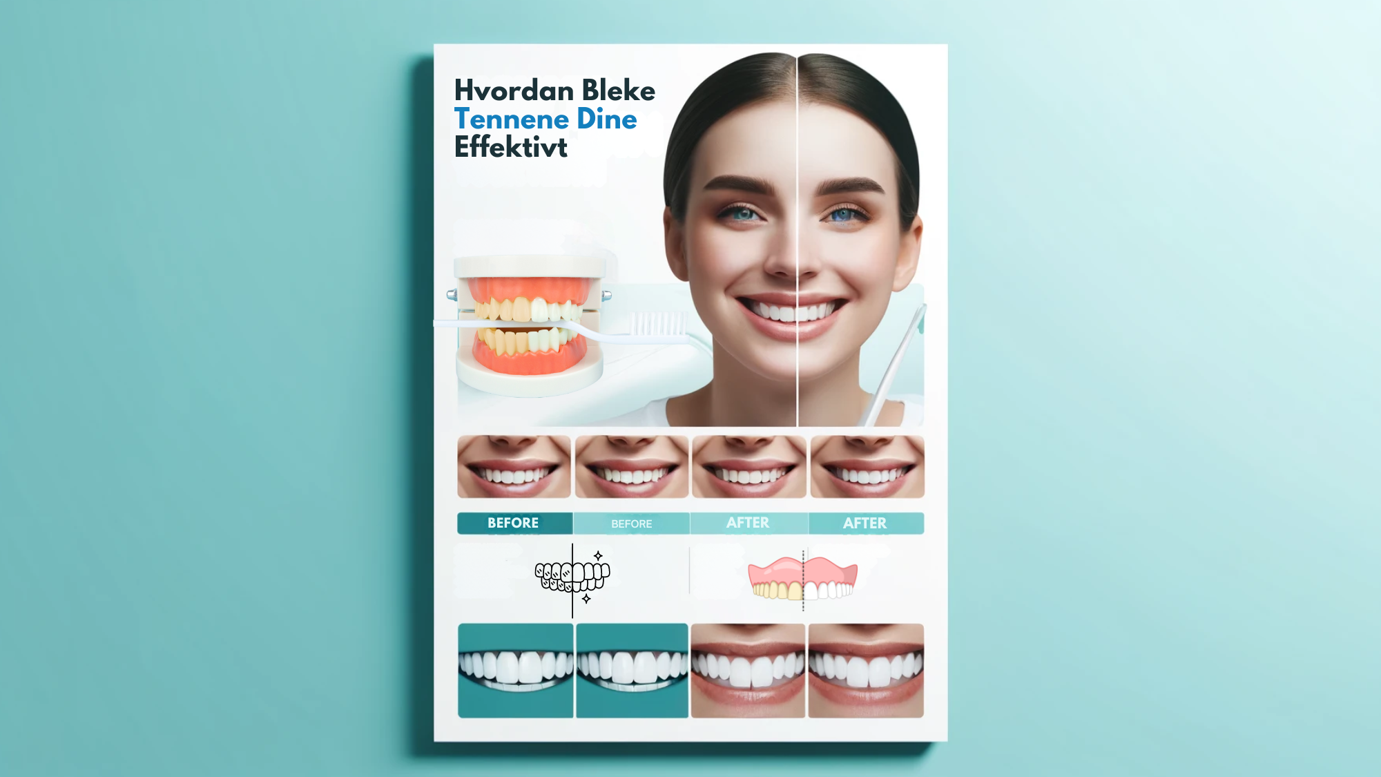 Infografikk om tannbleking med før-og-etter bilder, i moderne stil med rene farger