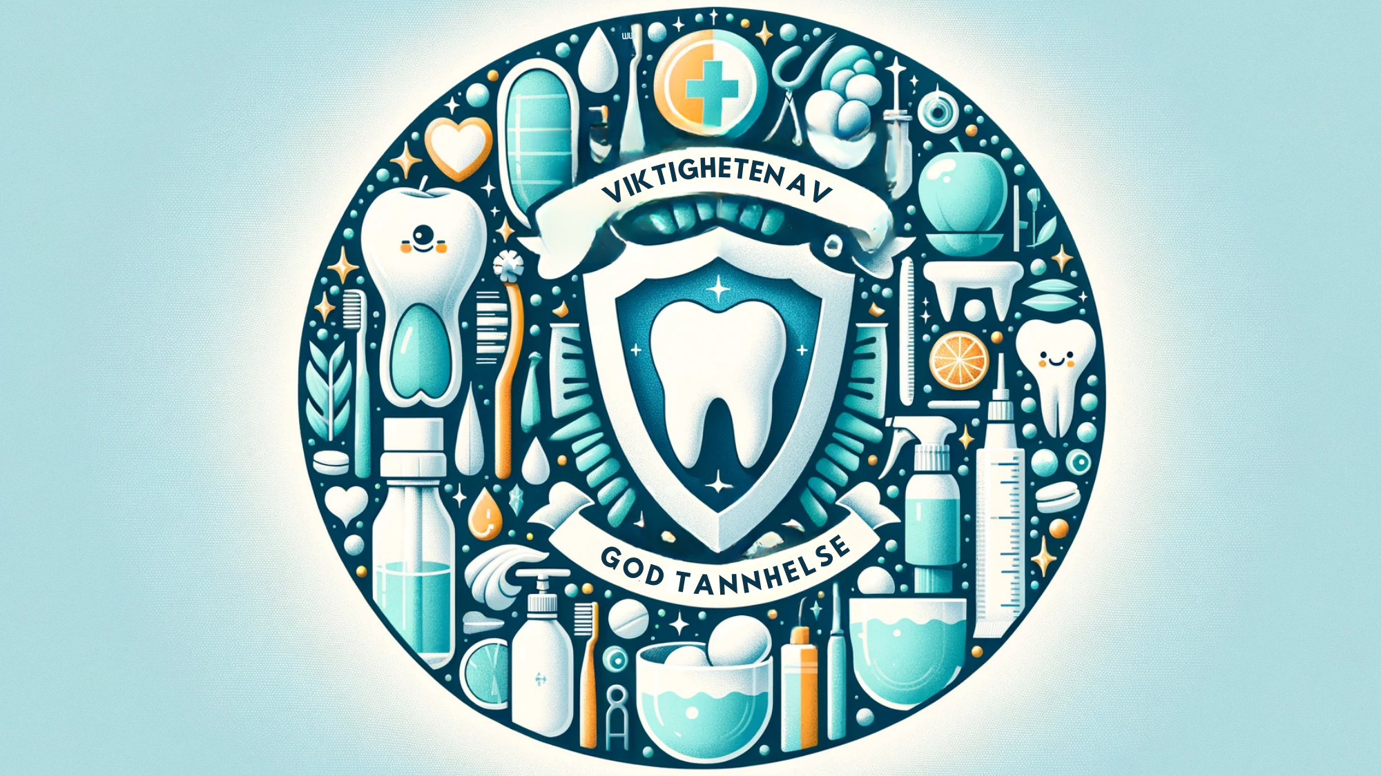 Illustrasjon som fremhever tannhelse med verktøy og friskhetssymboler i blått og grønt.
