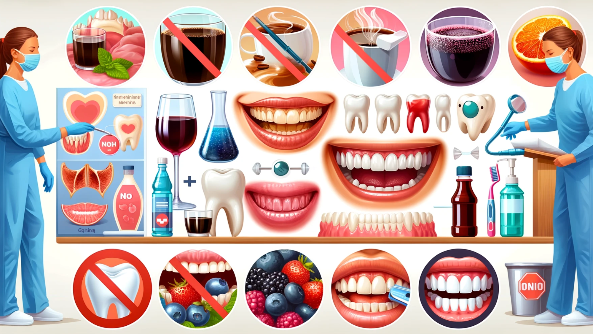 Guide til tannfargebevaring med 'nei'-tegn for visse matvarer og tannhygieneinstruksjoner.