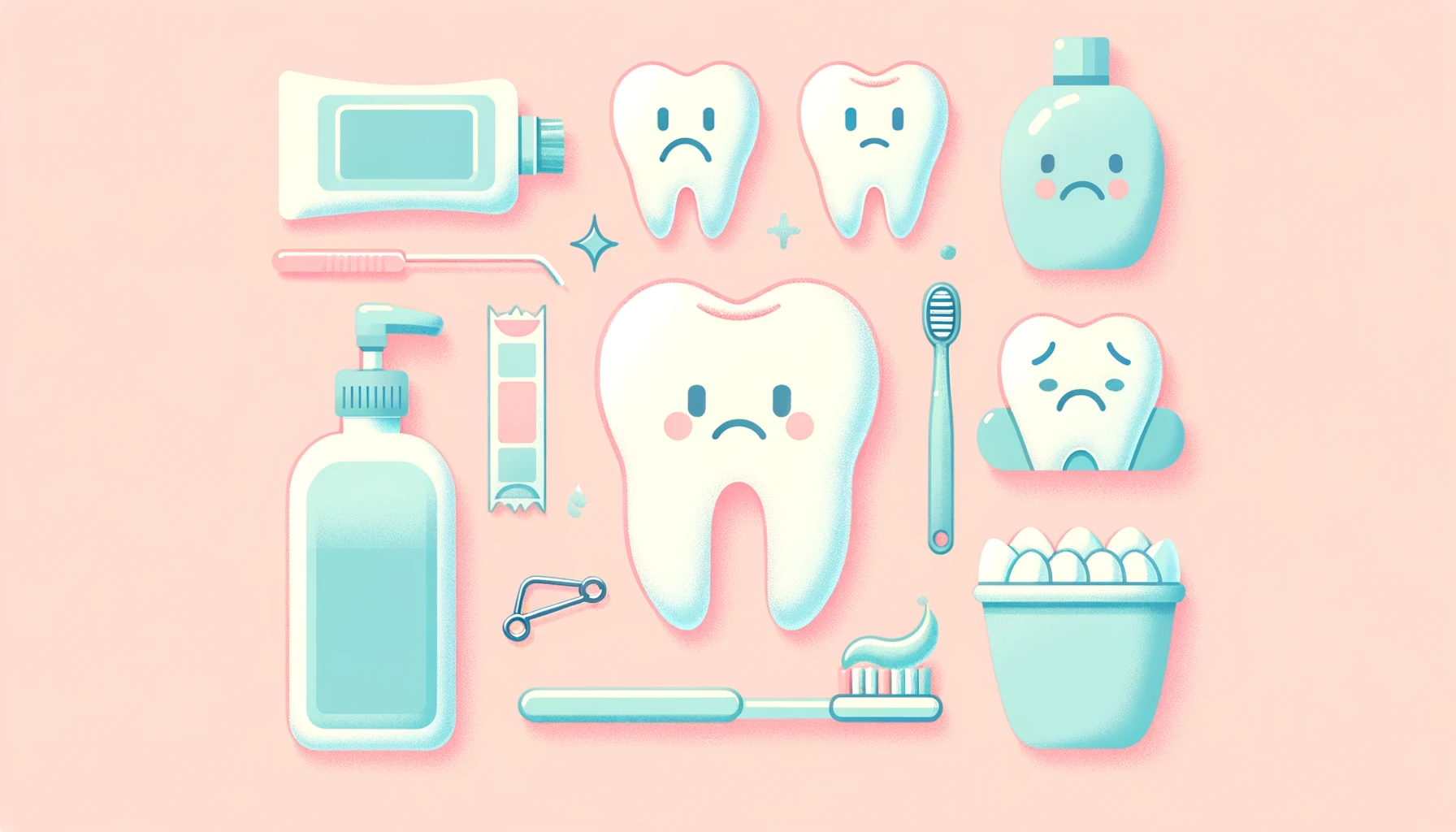 Illustrasjon av tannhelseprodukter og triste tenner på en rosa pastellbakgrunn.