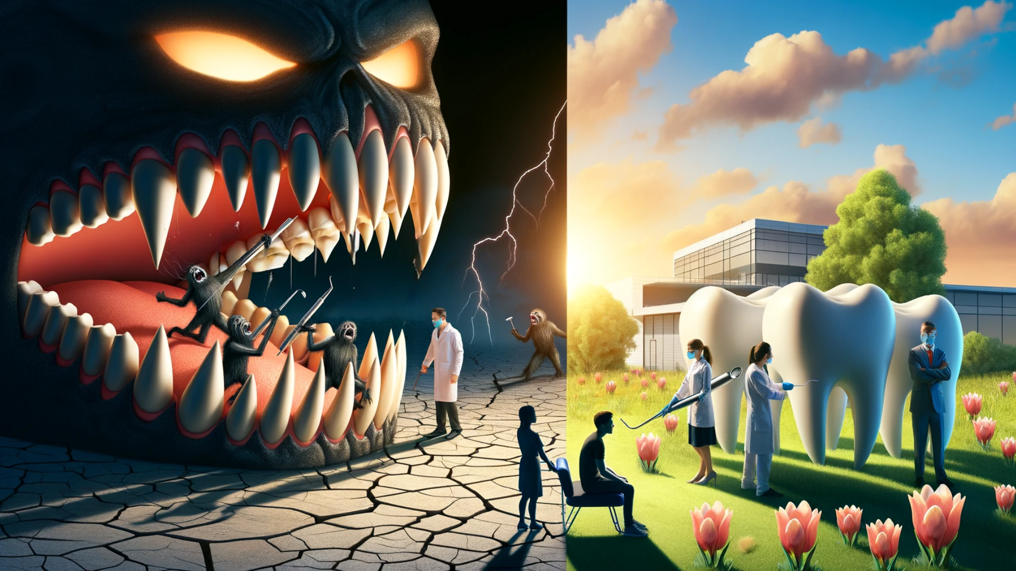 "Art split between a scary dental tool landscape and a sunny scene with dentists and smiling patients.
