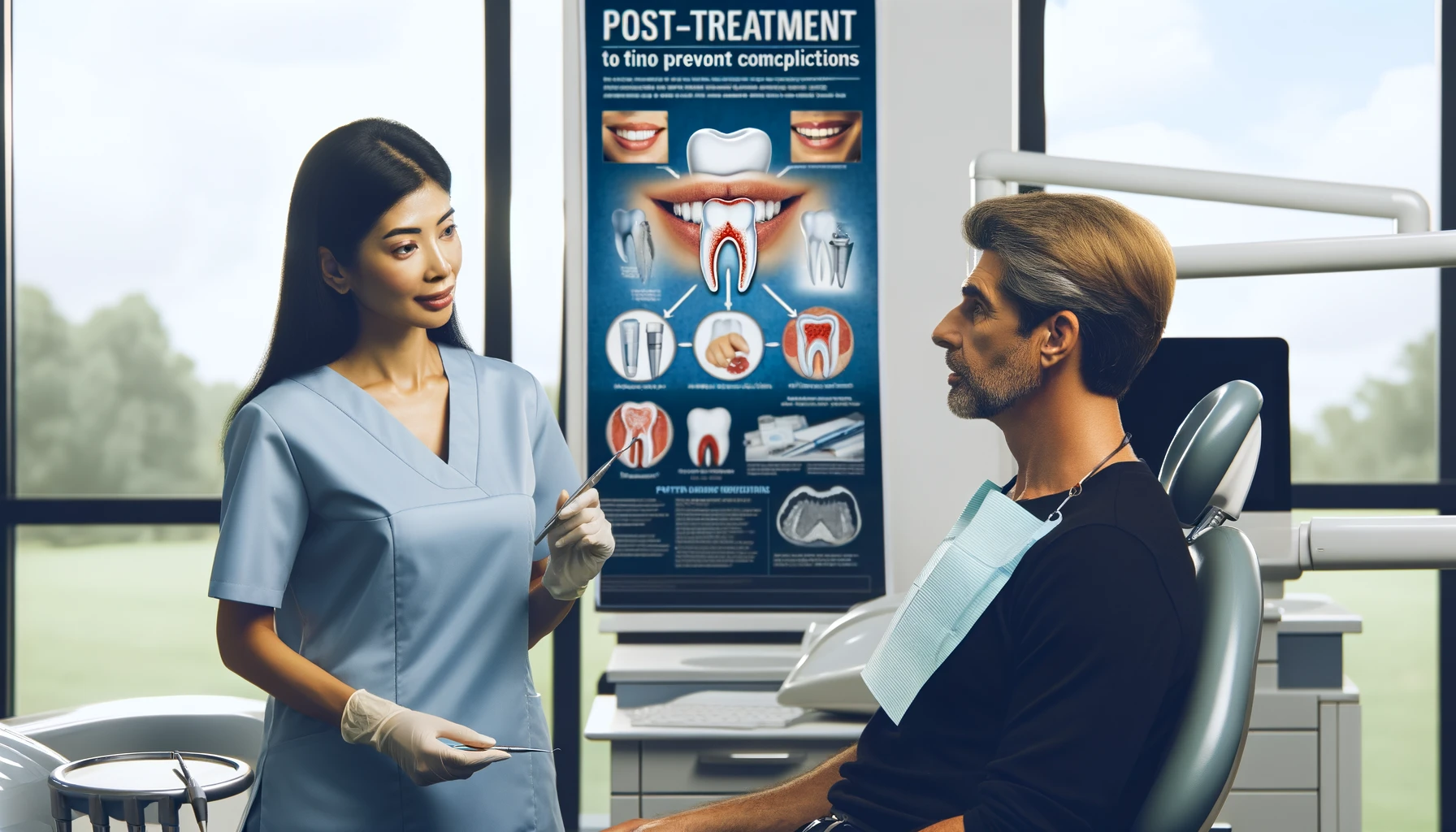 Tannlege forklarer etterbehandlingsrutiner til pasient for å forebygge komplikasjoner i tannlegekontor
