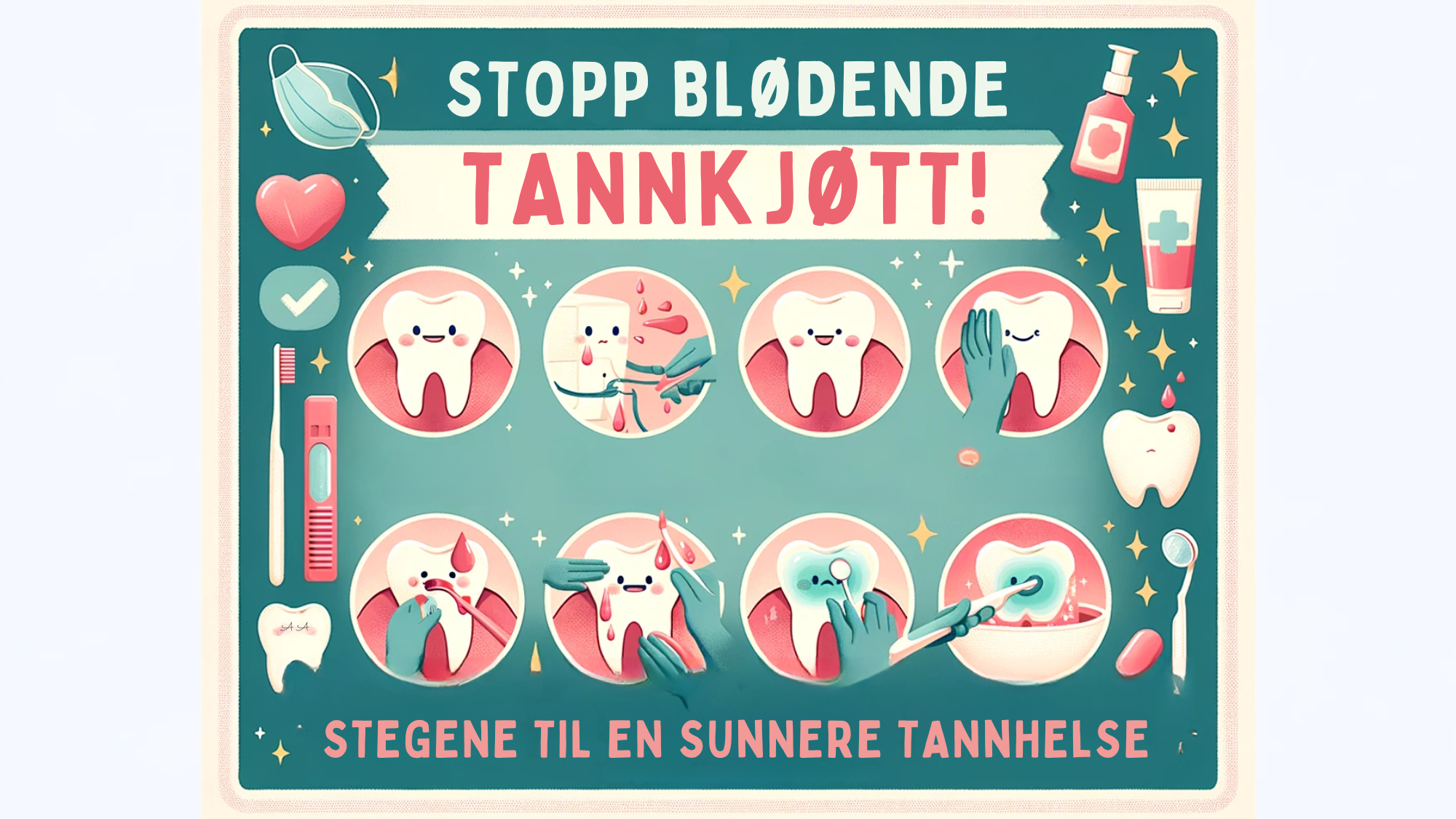 Instruktiv plakat om tannpleie med tips for Ã¥ forhindre blÃ¸dende tannkjÃ¸tt.