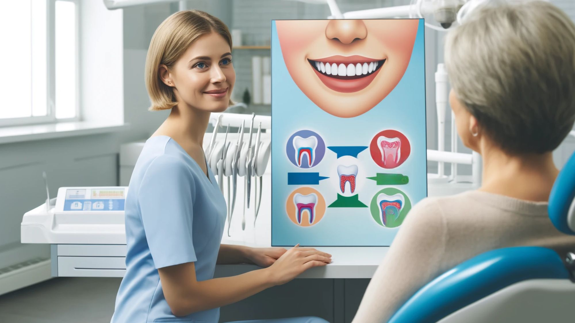 Tannlege forklarer tannbleking til pasient i moderne tannklinikk.