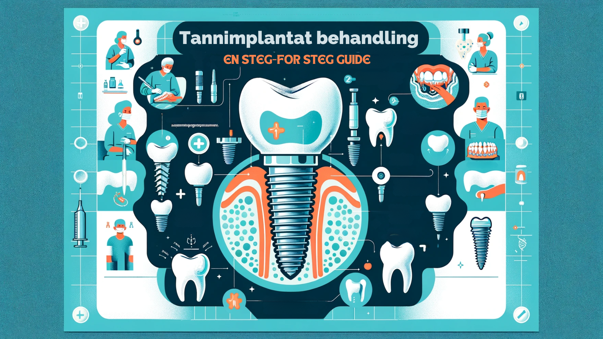 Infografikk med trinn-for-trinn veiledning for tannimplantatbehandling, med designelementer i blått og grønt.