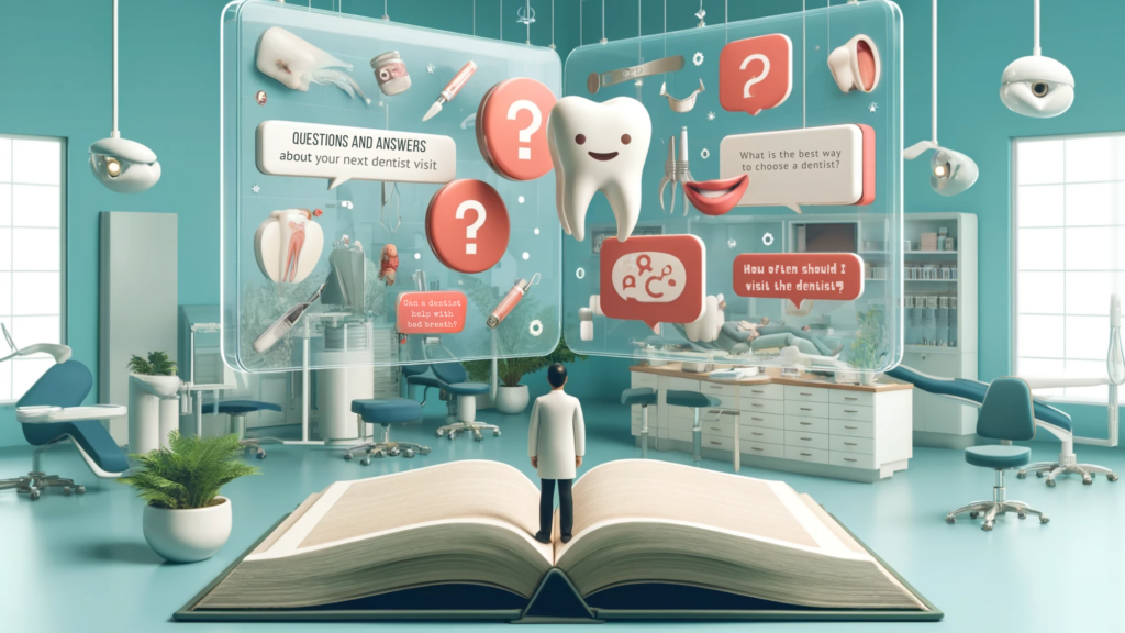 Dental care Q&A depicted with floating panels in a clinic, with a character pondering the information.