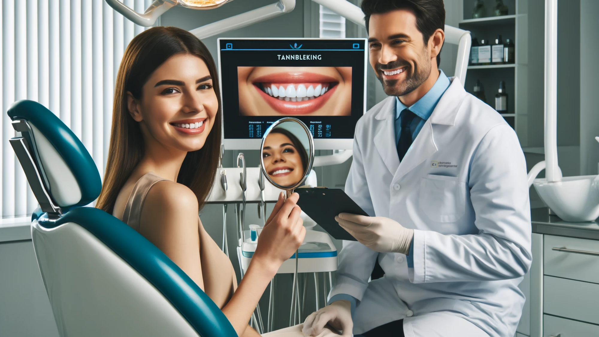 Tannlege demonstrerer tannbleking til pasient i moderne klinikk