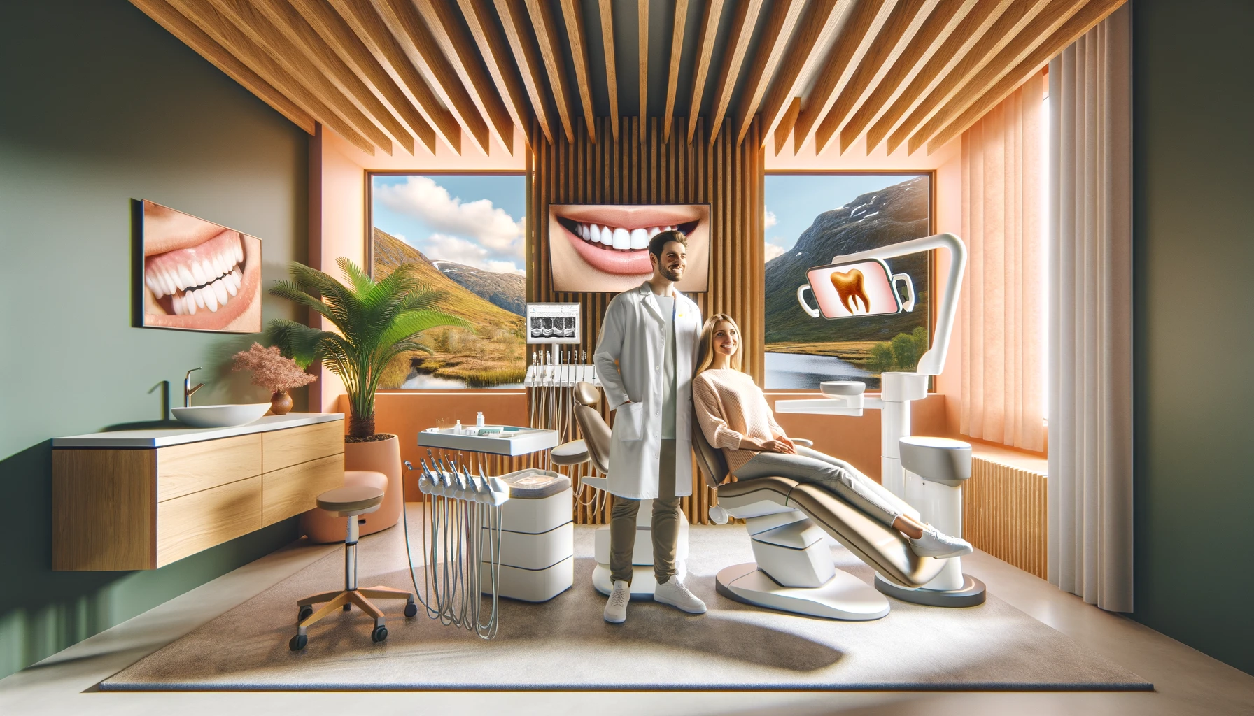 Moderne tannklinikk med utsikt og avansert utstyr, pasient og tannlege smiler.