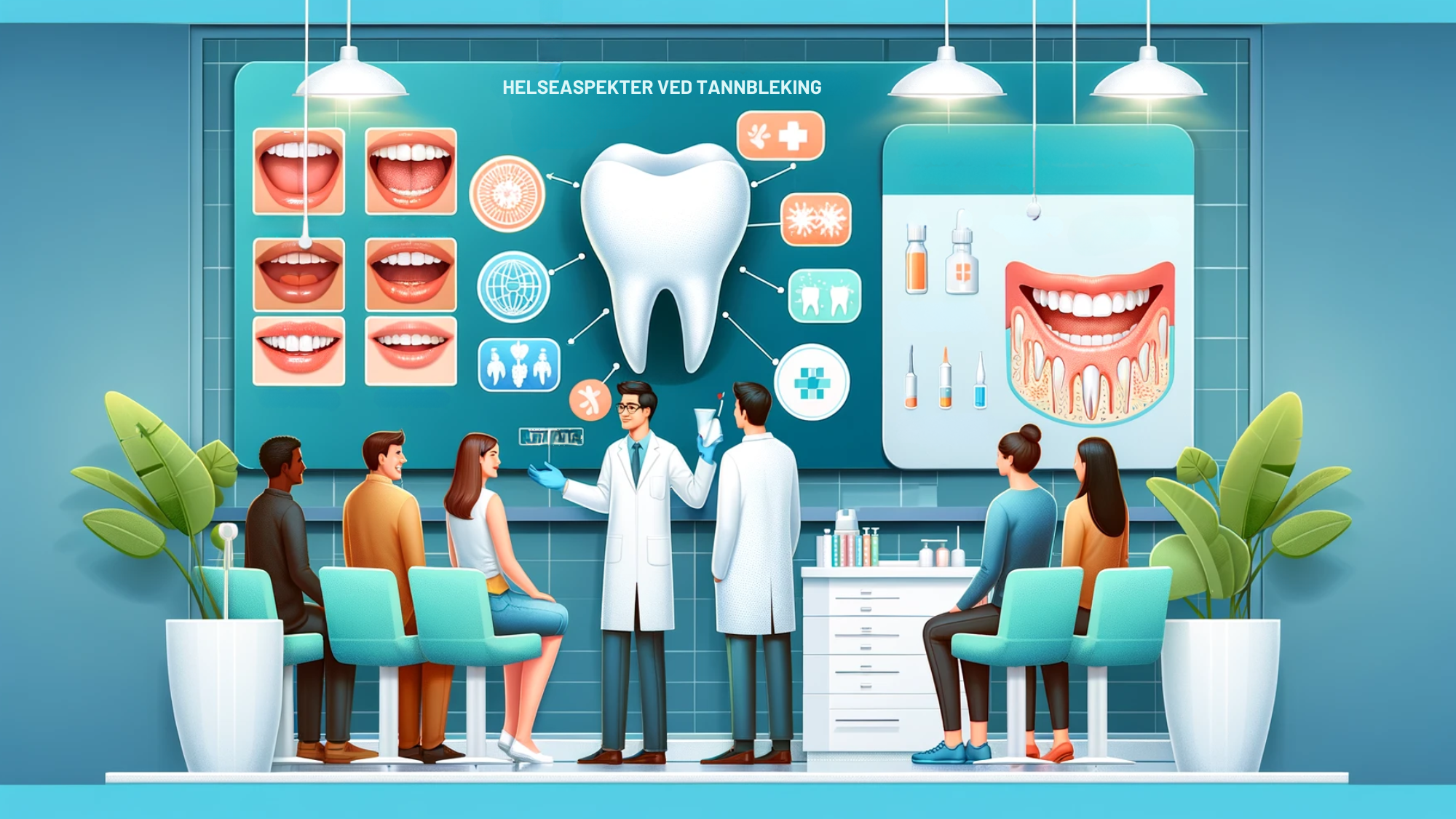Illustrasjon av tannblekingsprosess med tannlege og pasienter i en klinikk