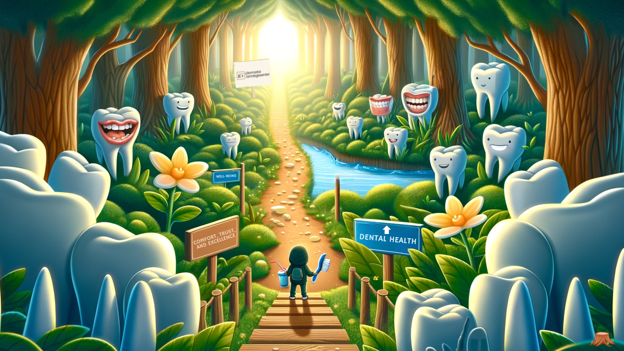 "Metaphorical path from dark forest to bright dental clinic, with tooth-shaped flora and health signs."