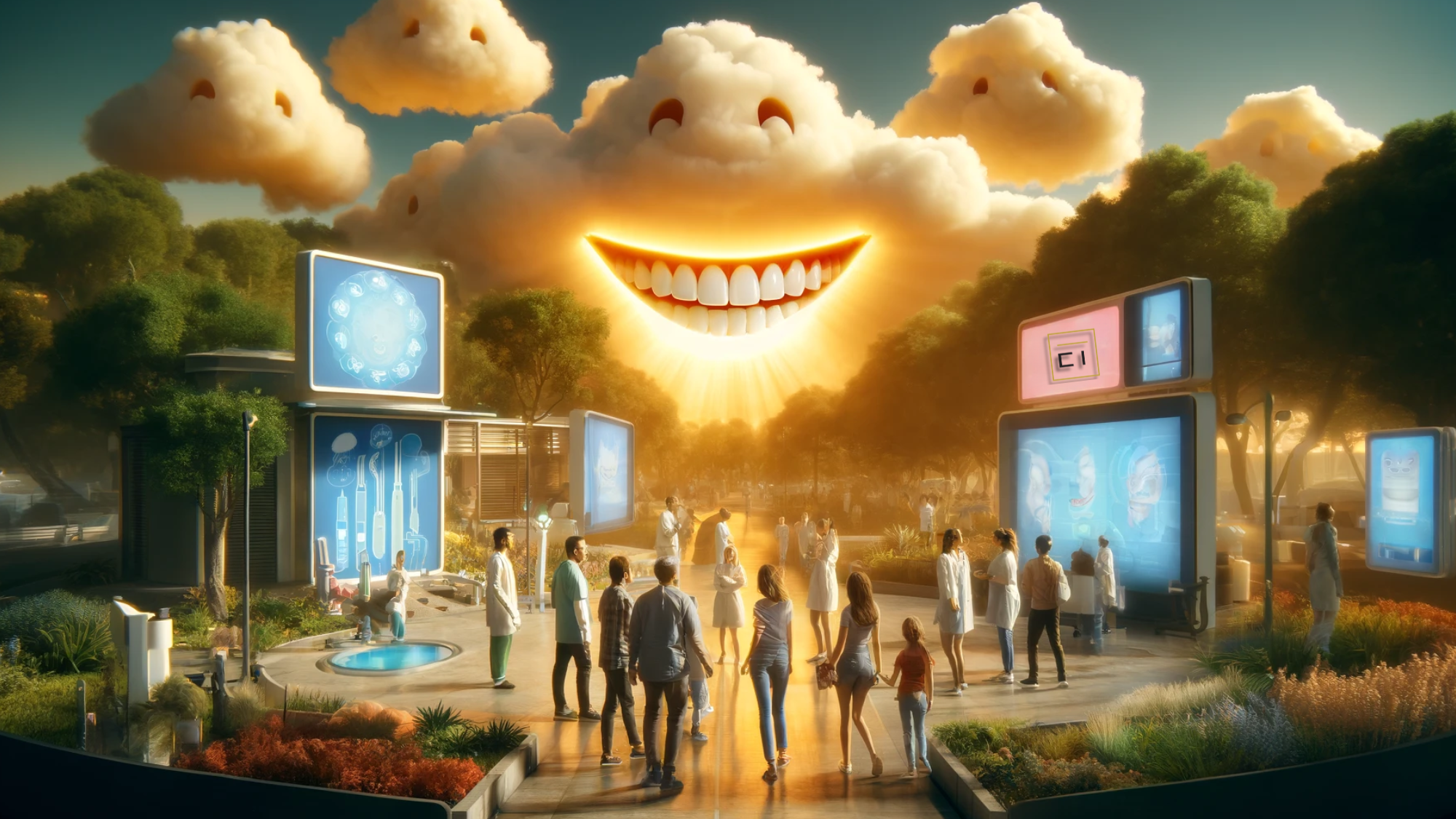 A futureristic park with happy people, dental info displays, and clouds with smiling faces in a sunny sky.