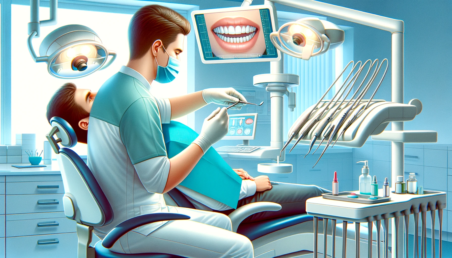 Illustrasjon av profesjonell tannbehandling med tannlege som undersøker pasients tenner i klinikk