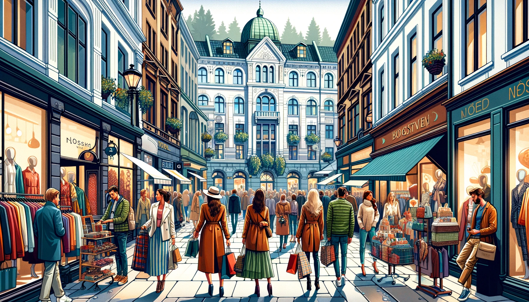 Oslo's premier shopping street, vibrant with fashion-forward individuals exploring a variety of shops
