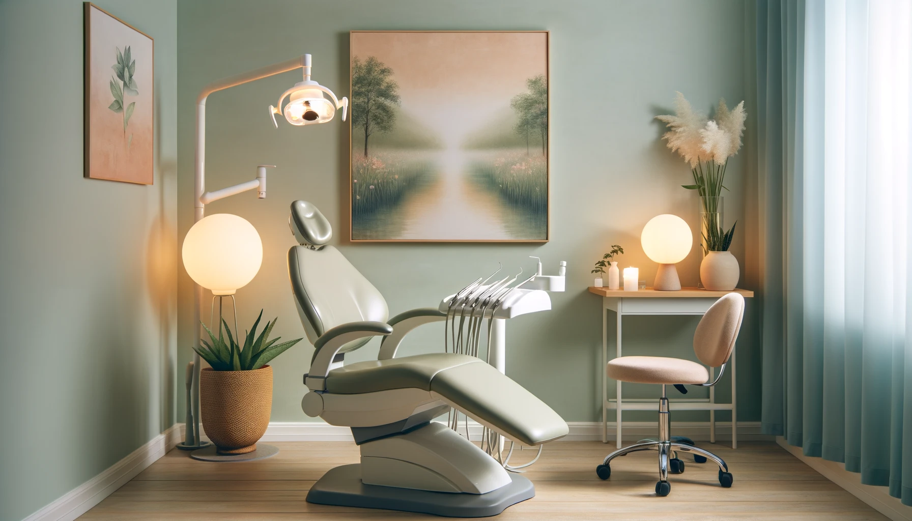 Rolig tannlegekontor med behagelig stol og naturkunst for Ã¥ redusere tannlegeskrekk