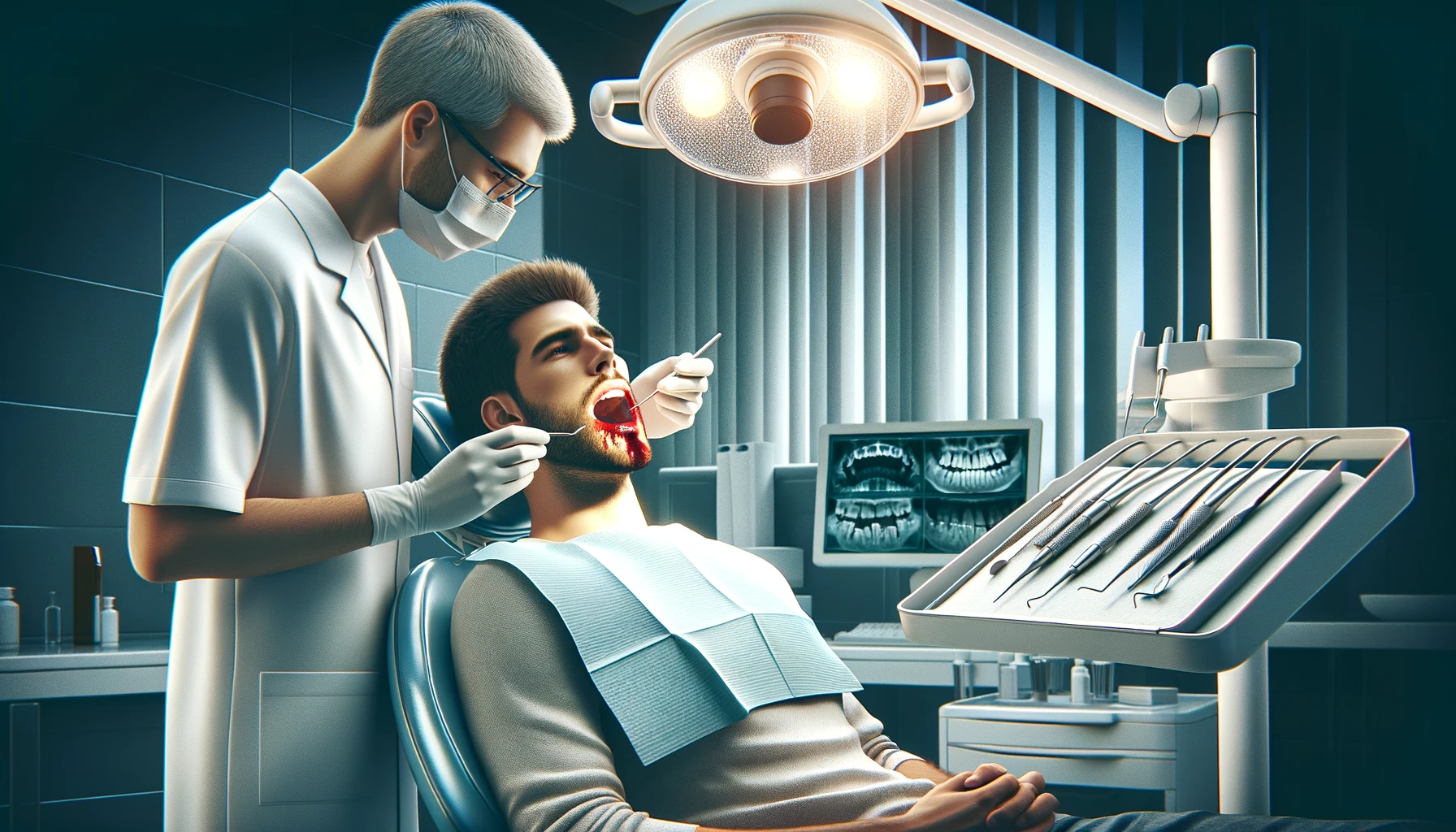 Bilde av en tannlegeundersøkelse for blødende tannkjøtt i et moderne tannlegekontor stramt rundt tennene