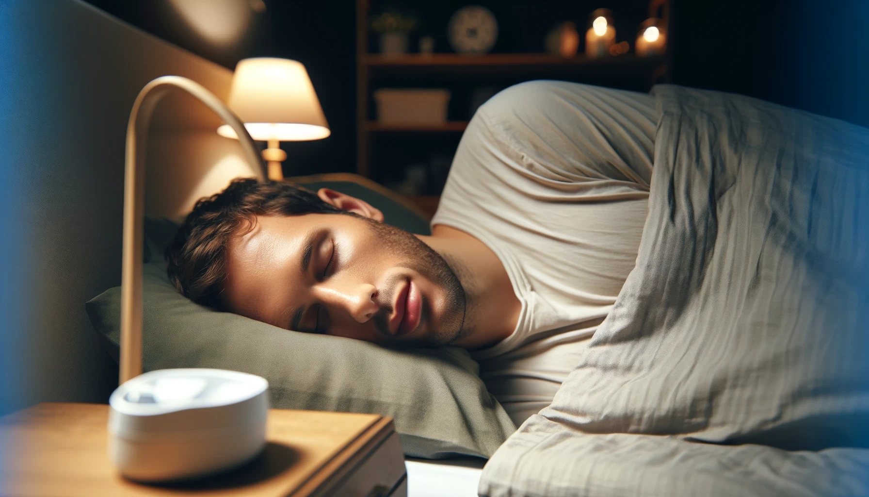 Person som sover fredelig i en koselig, dempet belyst soverom, iført en nesten usynlig bittskinne for å beskytte tennene mot gnissing.