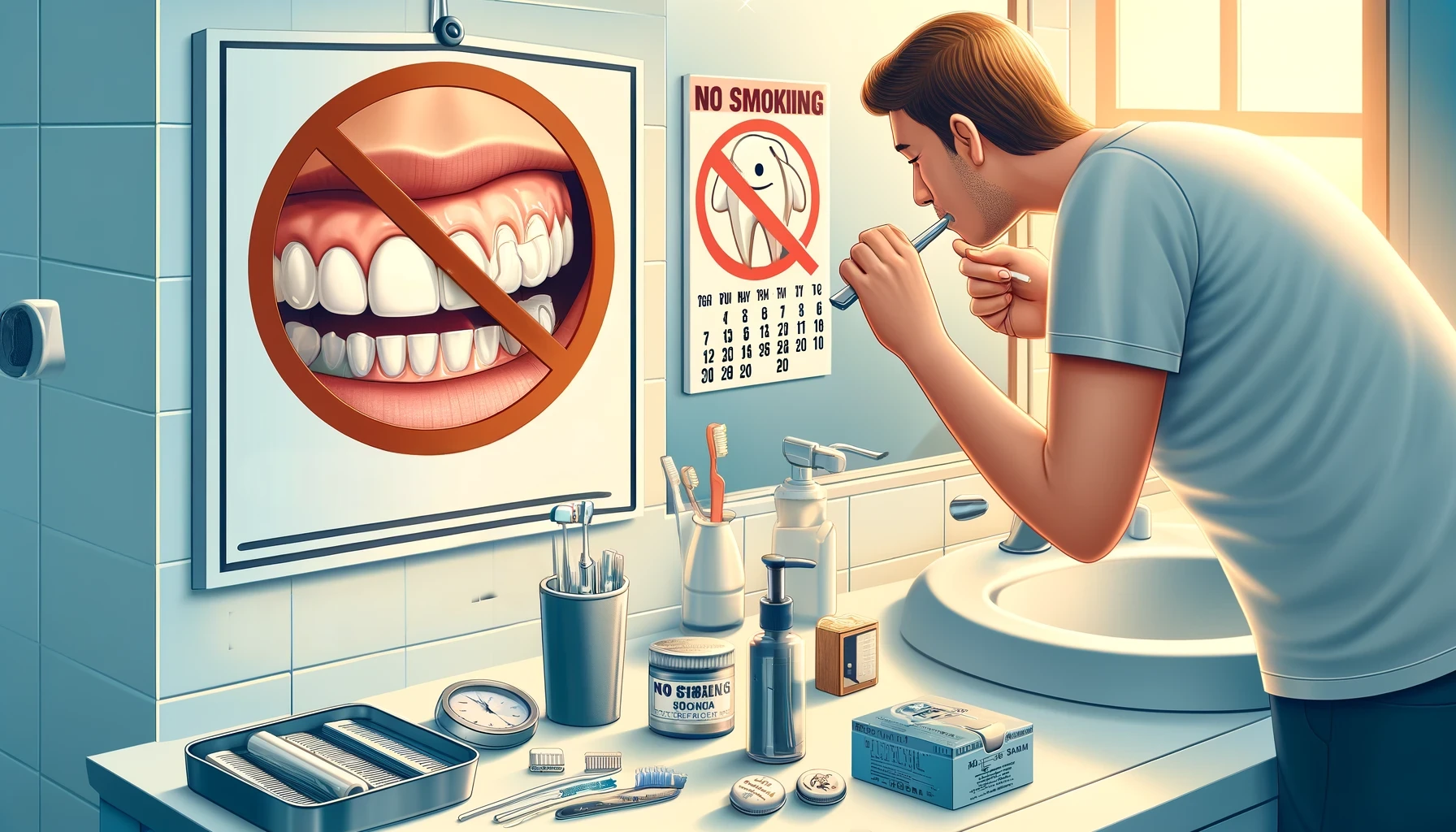 En person pusser tennene og bruker tanntråd i et rent bad. En kalender på veggen markerer halvårlige tannlegebesøk for å opprettholde god munnhygiene.