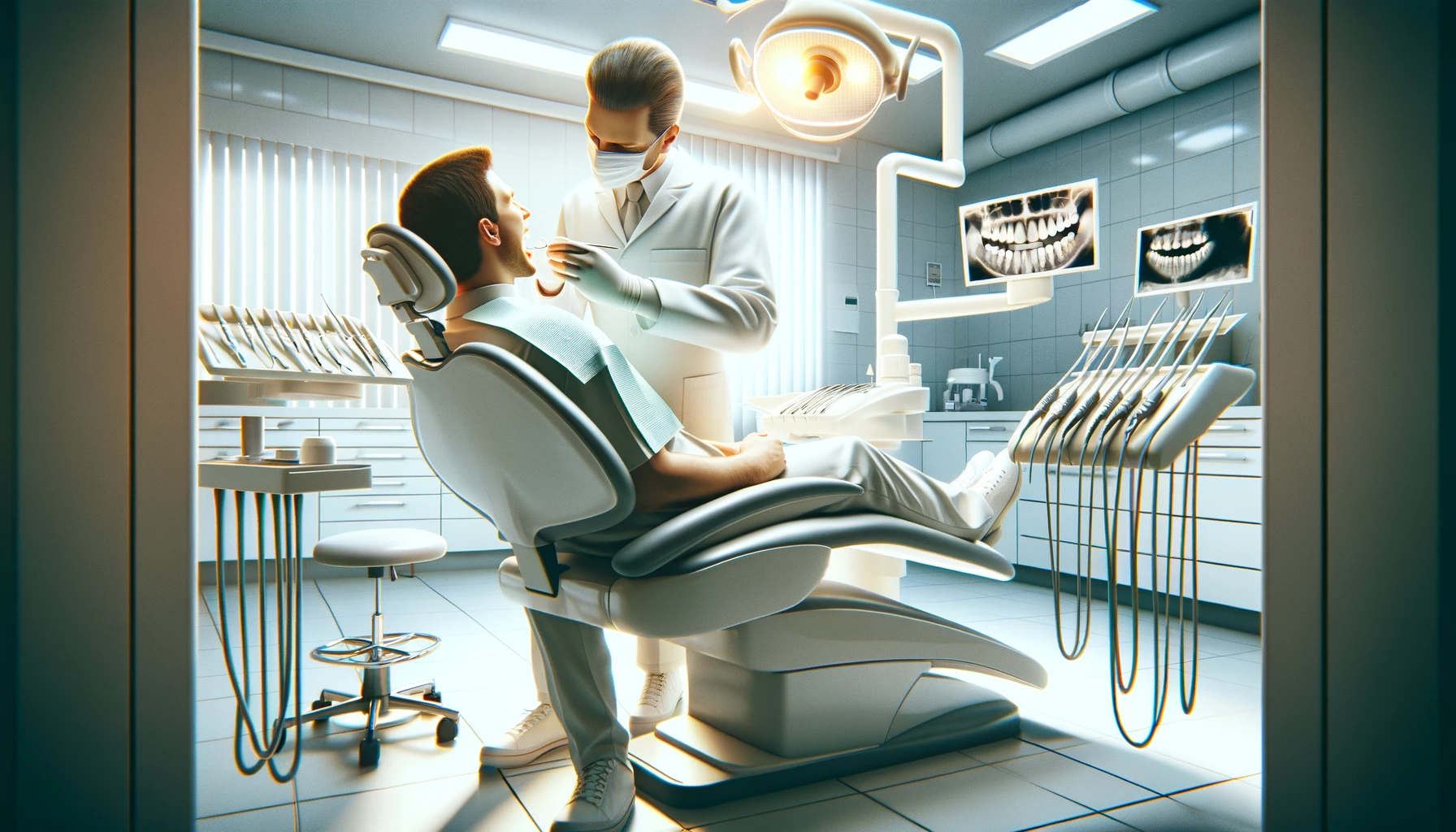 Bilde av en tannlegeklinikk der en tannlege setter på en tannkrone for en pasient i en moderne og ren setting kunstig tannkrone rundt tannen og beskytter kunstig krone