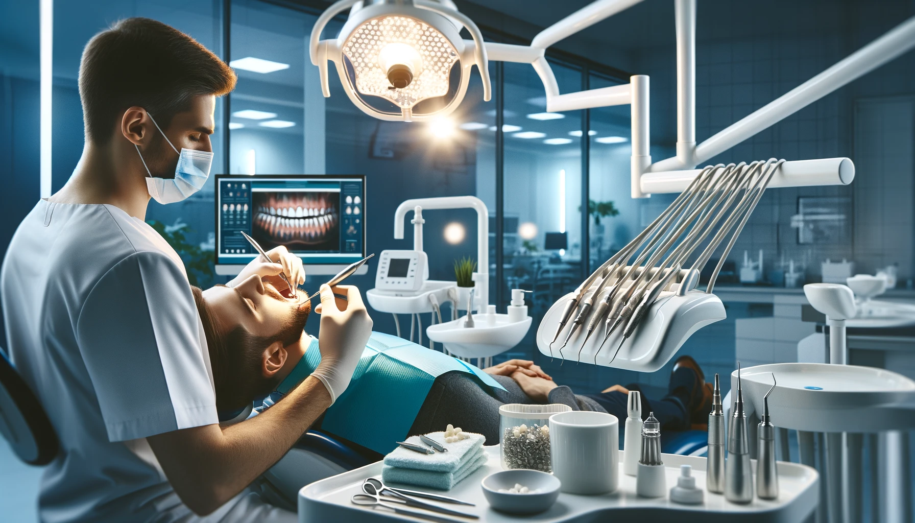 Tannlege i en moderne klinikk behandler en pasient med fyllinger, komposittmaterialer og kroner, omgitt av profesjonelt utstyr og lys.
