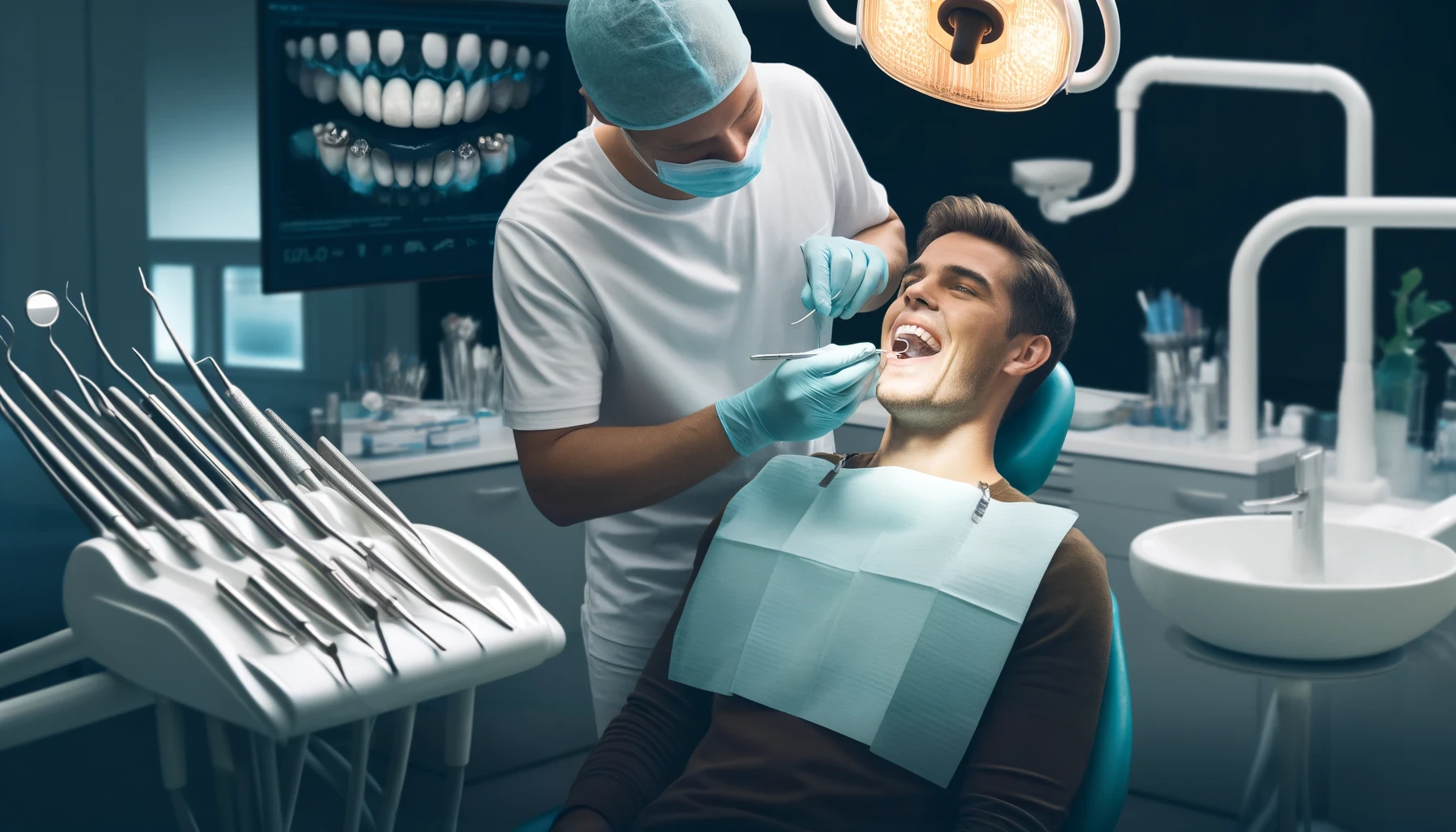 Tannlege i moderne klinikk reparerer slitte tenner med bittskinne, fyllinger, komposittmaterialer og kroner, omgitt av profesjonelt utstyr.