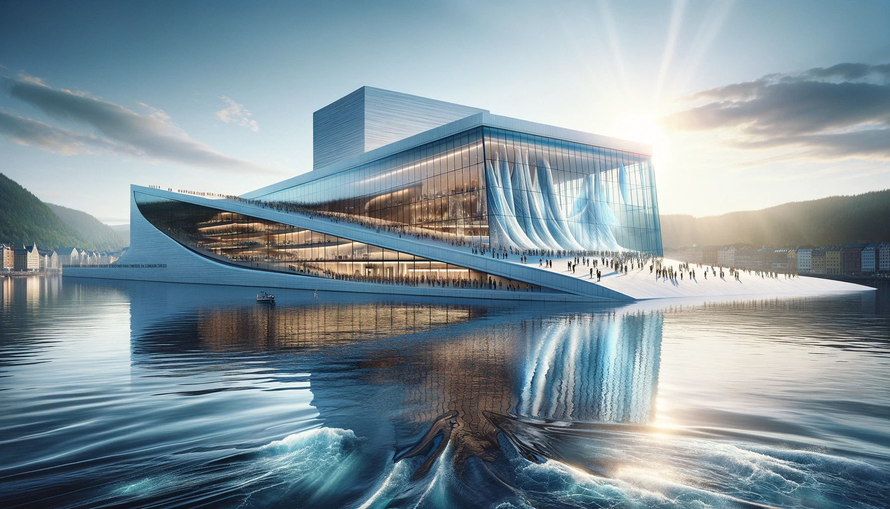 "Bilde av Oslo Operaen som ligner en isbre, med kunstinstallasjoner og livlig lobby."