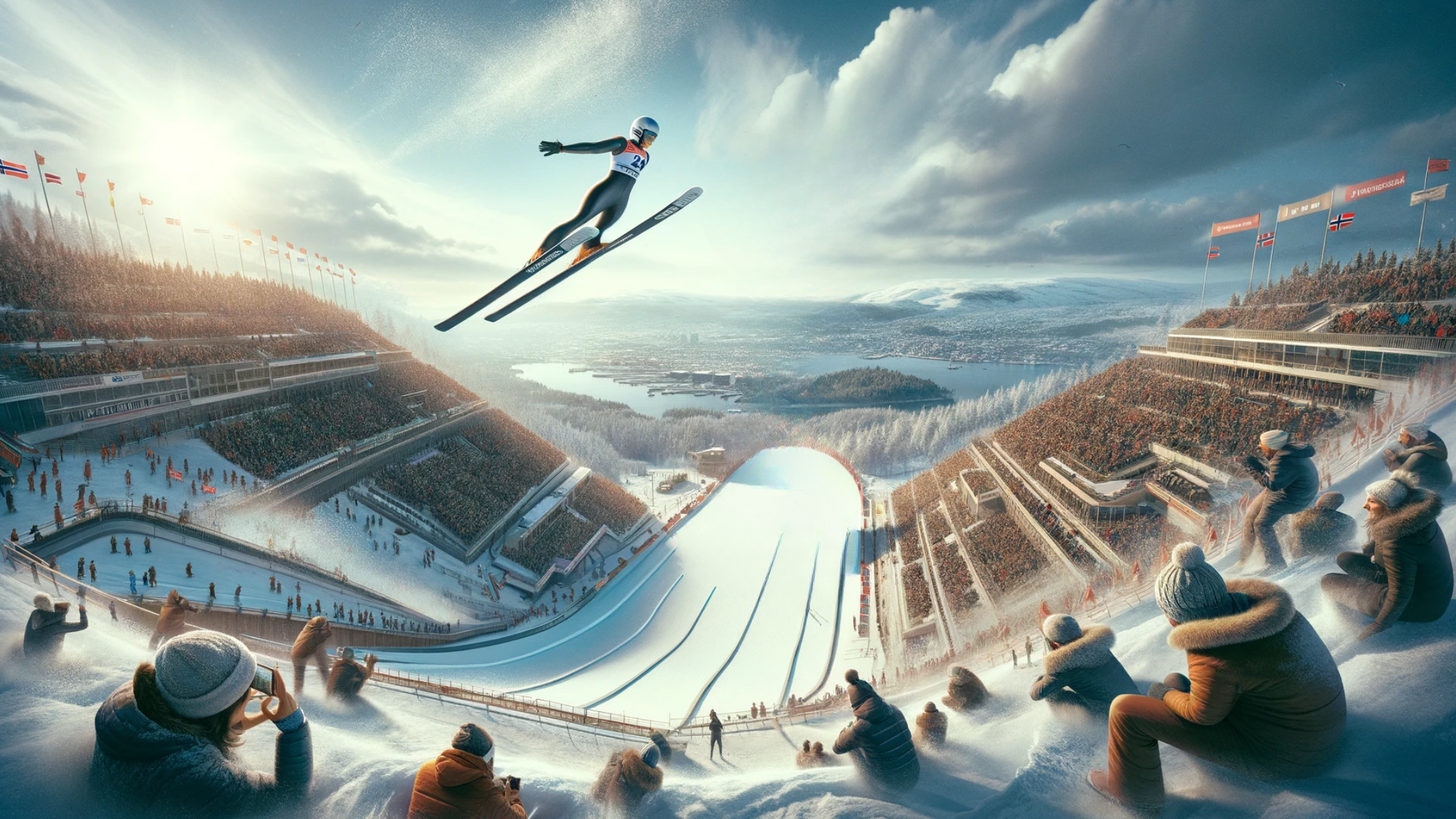 "Bilde av en skihopper i aksjon på Holmenkollen med tilskuere og vinterlandskap."
