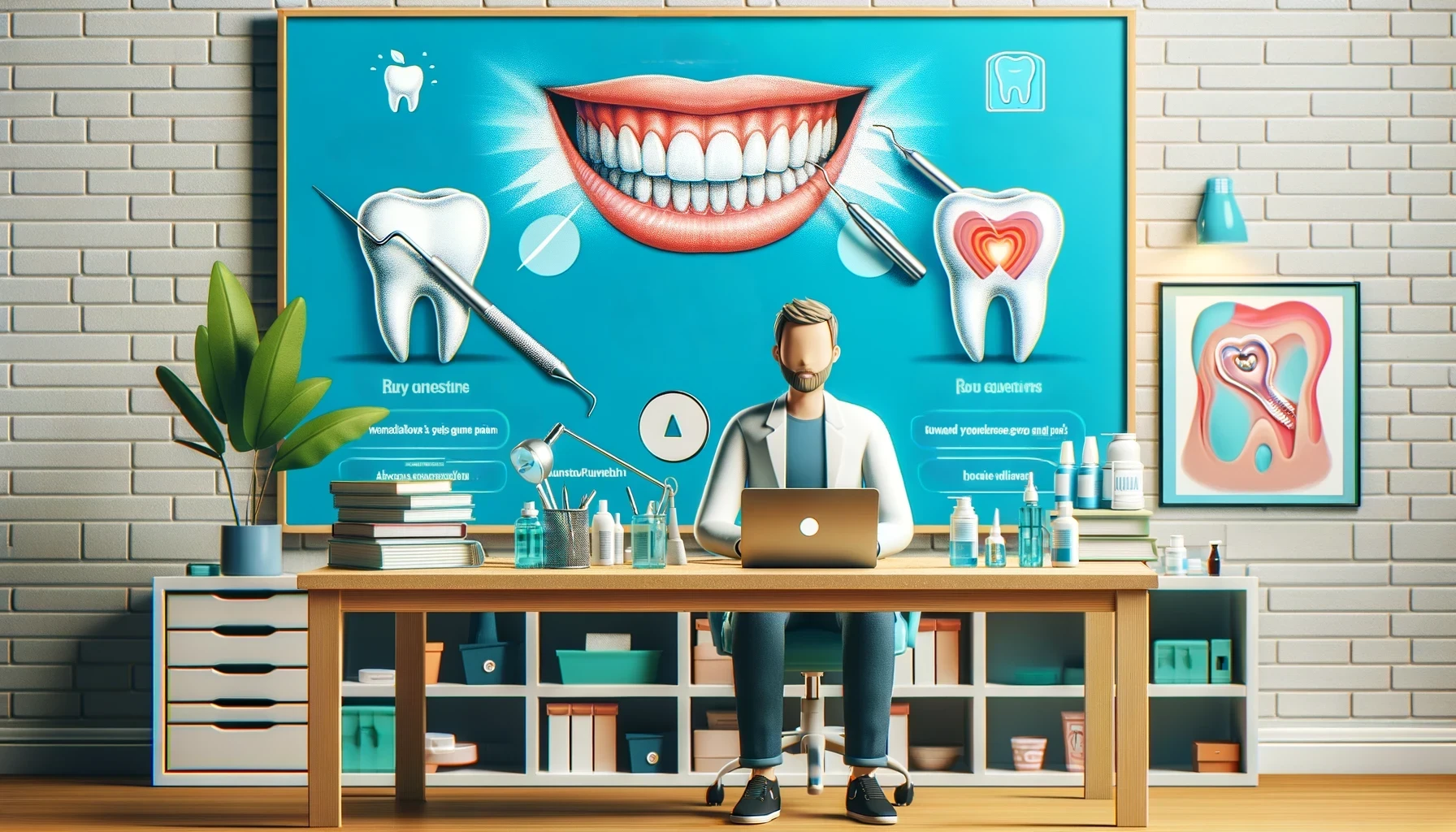 Mann ved skrivebord med tannpleieartikler og laptop. Stor skjerm med tannillustrasjoner og spørsmål-svar-seksjon om tannhelse i bakgrunnen.