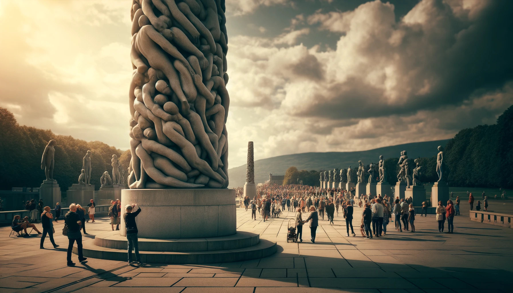 "Bilde av Vigelandsparken med Monolitten og besøkende som beundrer skulpturer."