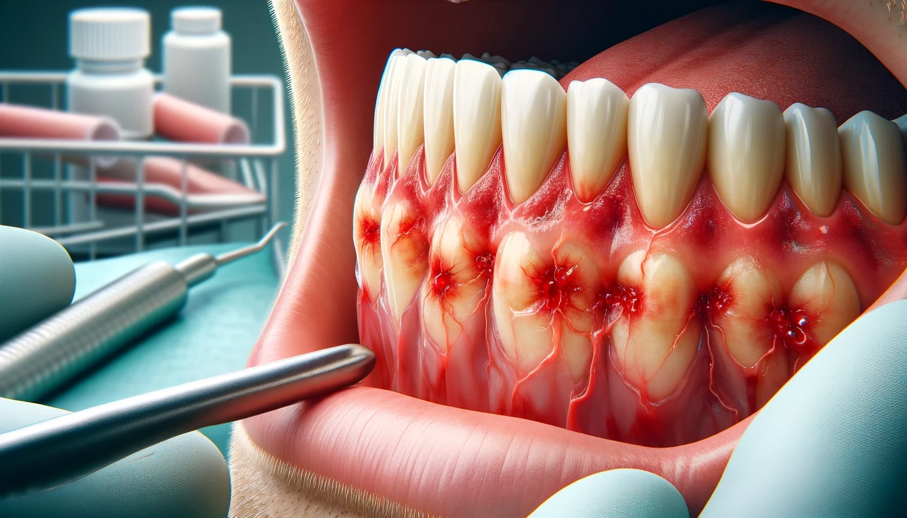 "Nærbilde av betente tannkjøtt med rødhet og hevelse i et tannlegekontor. Tannhelseverktøy er synlige i bakgrunnen."