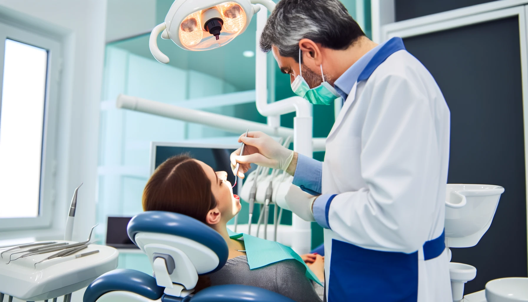 Tannlege som undersøker en pasient i en moderne tannklinikk, fokusert på å gi personlig behandling, uten tekst
