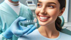 Fordelene med gjennomsiktig tannregulering. En pasient smiler med klare tannreguleringer, og en tannlege viser et sett med tannreguleringer