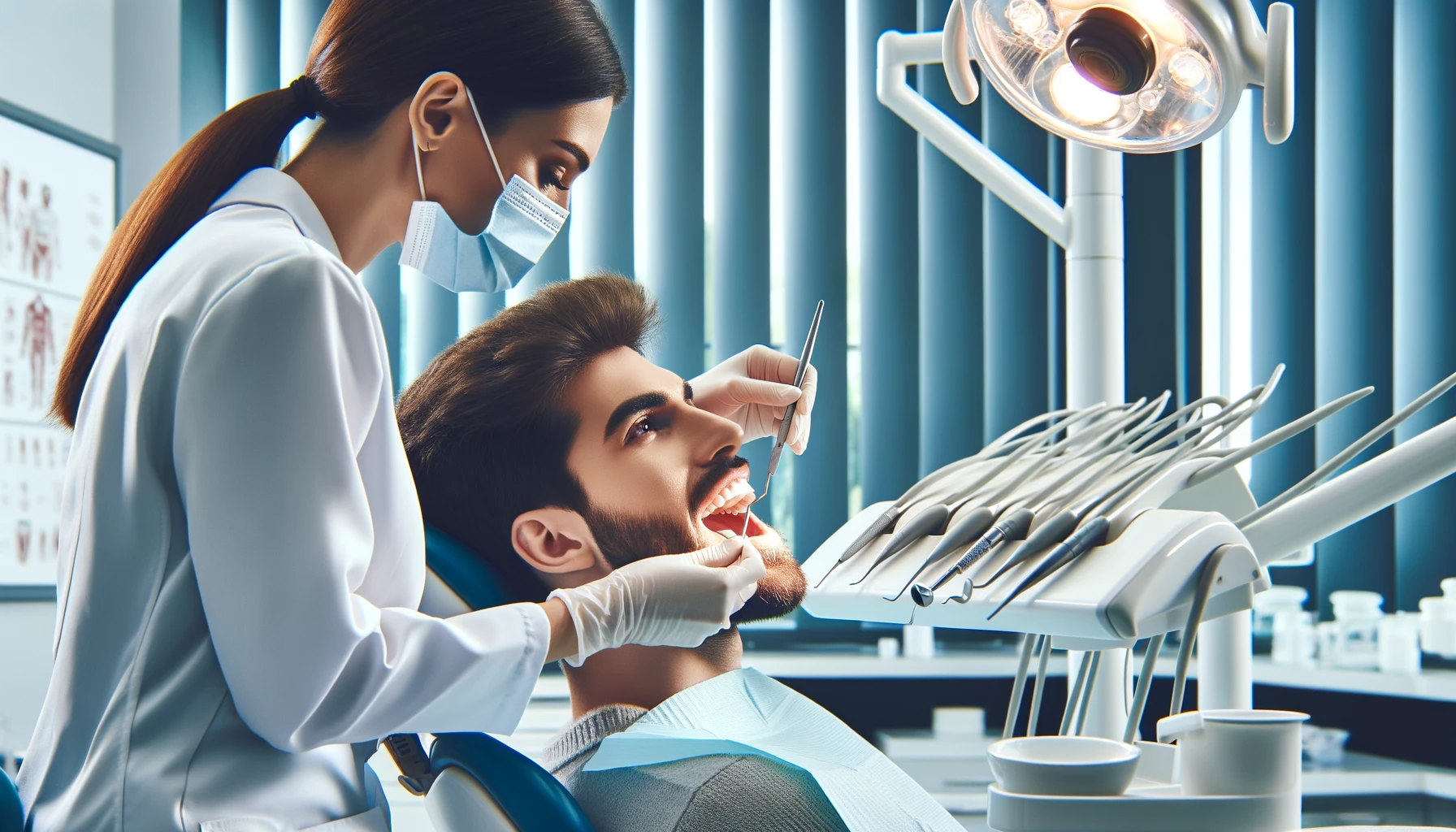 Tannlege undersøker pasientens tenner med tannlegeverktøy i moderne tannklinikk