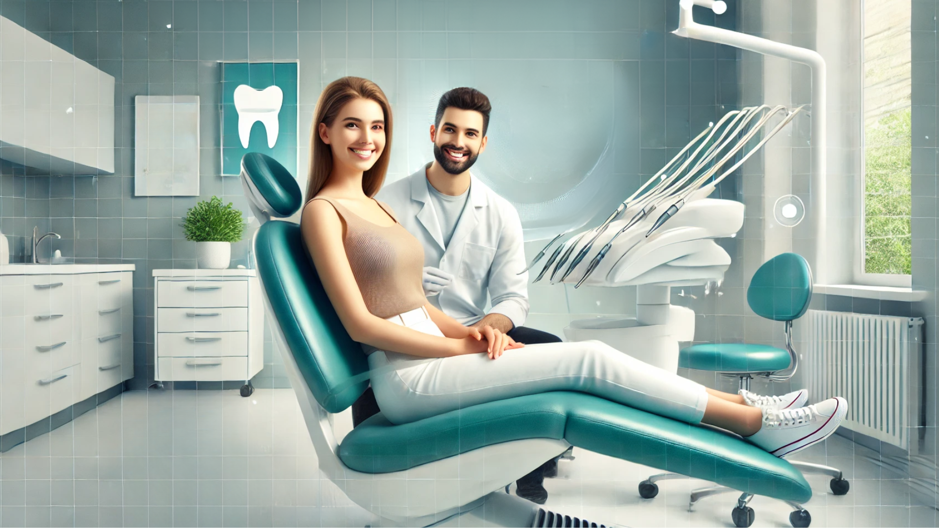 En moderne tannklinikk med en smilende pasient og vennlig tannlege